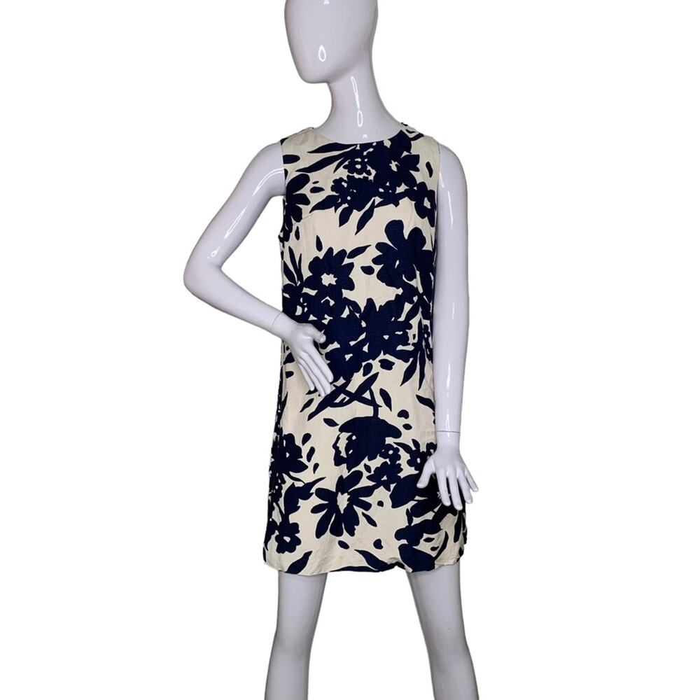 Saks Fifth Avenue Dress Sleeveless Floral Print Beige and Blue Size S